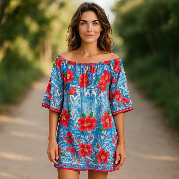Flying Tomato Blue and Red Mini Dress Off-Shoulder Bell Sleeves Sz 2X Floral - Picture 1 of 5